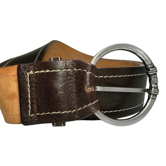 Italian Chocolate Brown Leather Waist Belt Contrast Stitch Statement Buckle Boho main image 10